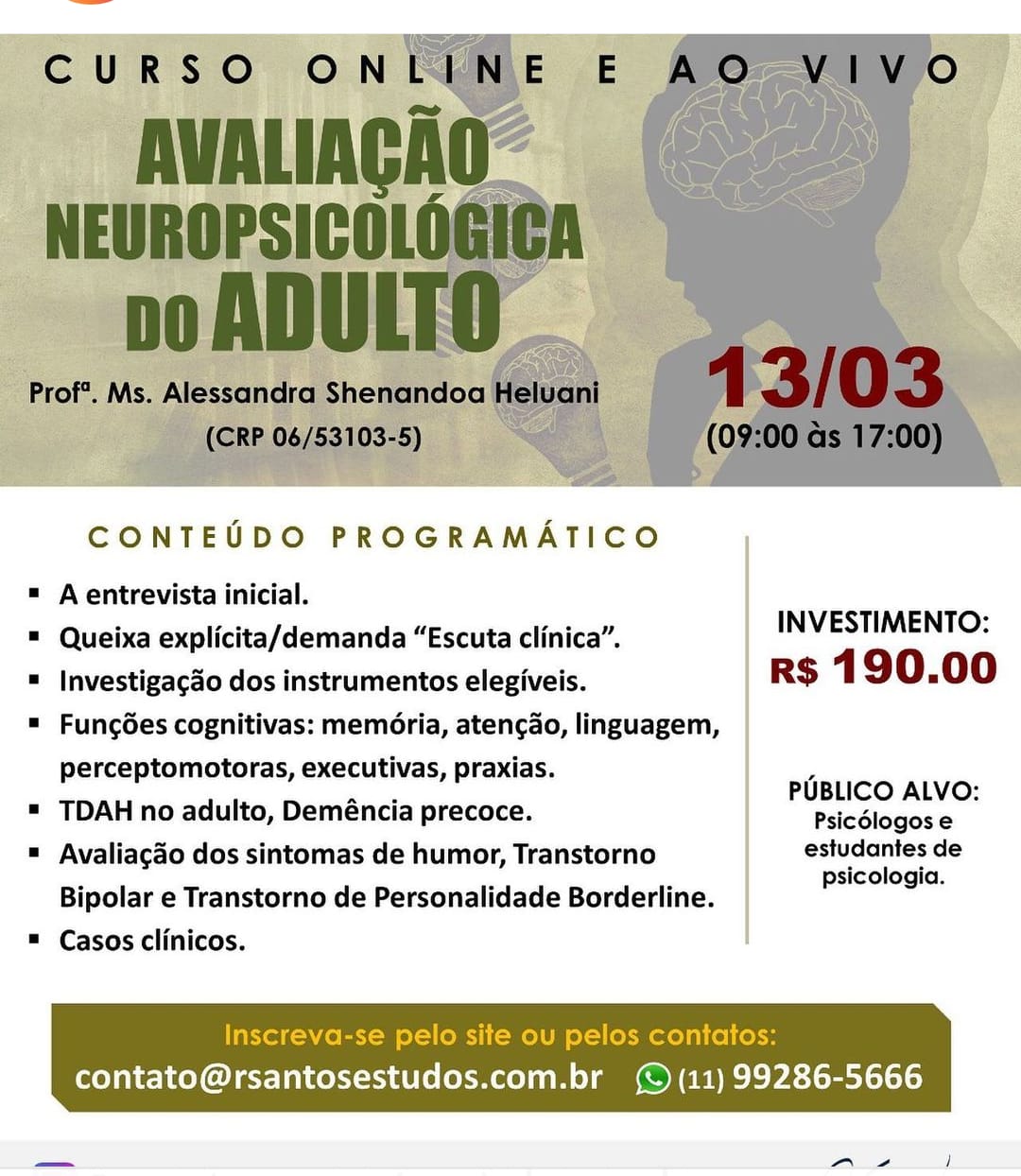 Curso Online Avaliação Neuropsicológica do Adulto – 13/03/2021